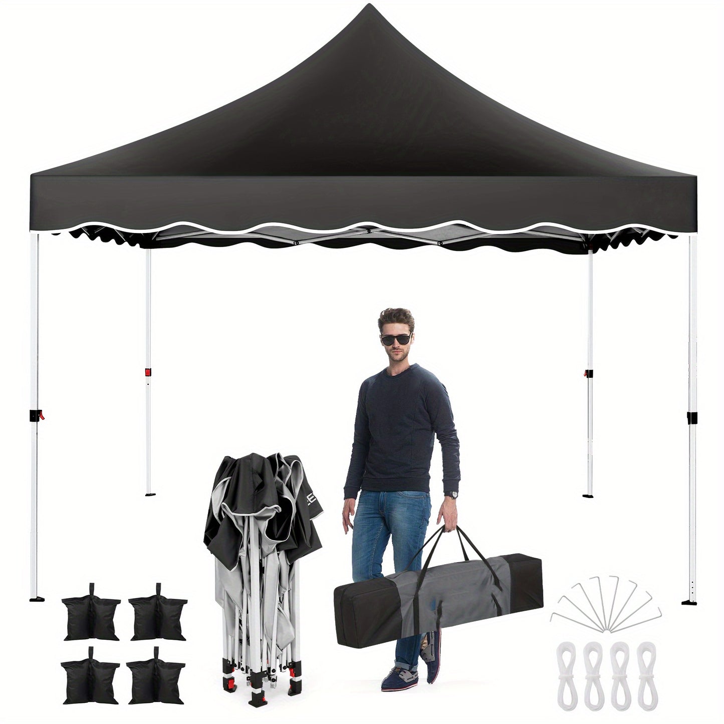 3.05x3.05meter Pop-up Canopy, No Side Walls, An Outdoor Canopy That Can Be Built By One Person, Height Adjustable, Suitable For Weddings, Camping, And Parties, Comes With A Handbag, Additional 4 Wind Ropes + 8 Ground Nails +