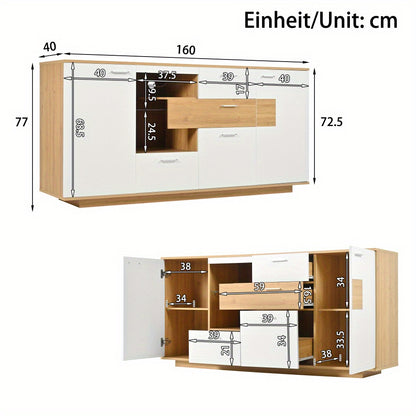 Modern White Wood-Look Foyer Storage Cabinet with 2 Doors, 4 Drawers & Glass Shelves - 160x40x77cm Multifunctional Sideboard for Living Room, Entryway, or Office - Easy Assembly, No Power Needed, Cabinet Storage, Entryway Org