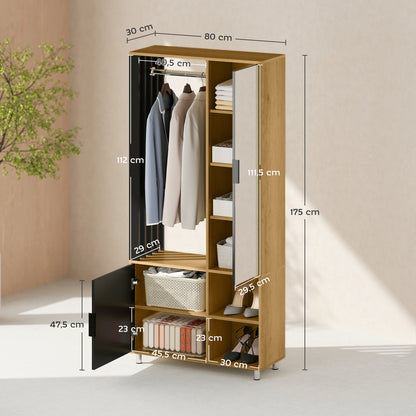 Kast Met Spiegel – Kledingkast – Garderobekast – Opbergkast – Halmeubel – Natuurlijk Hout En Zwart Staal – Met Kledingroede En Open Planken