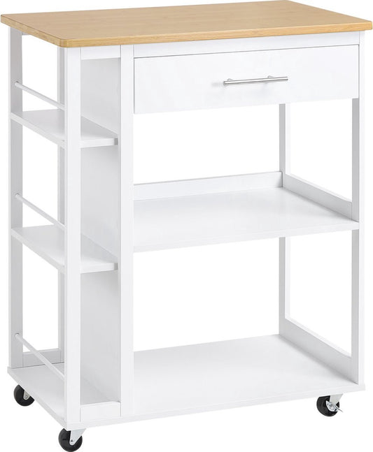 Keukentrolley op Wieltjes - Boodschappenorganizers - Lades en Open Planken - met Werkblad - Remmen Mobiel - Kastopbergrek - Wit