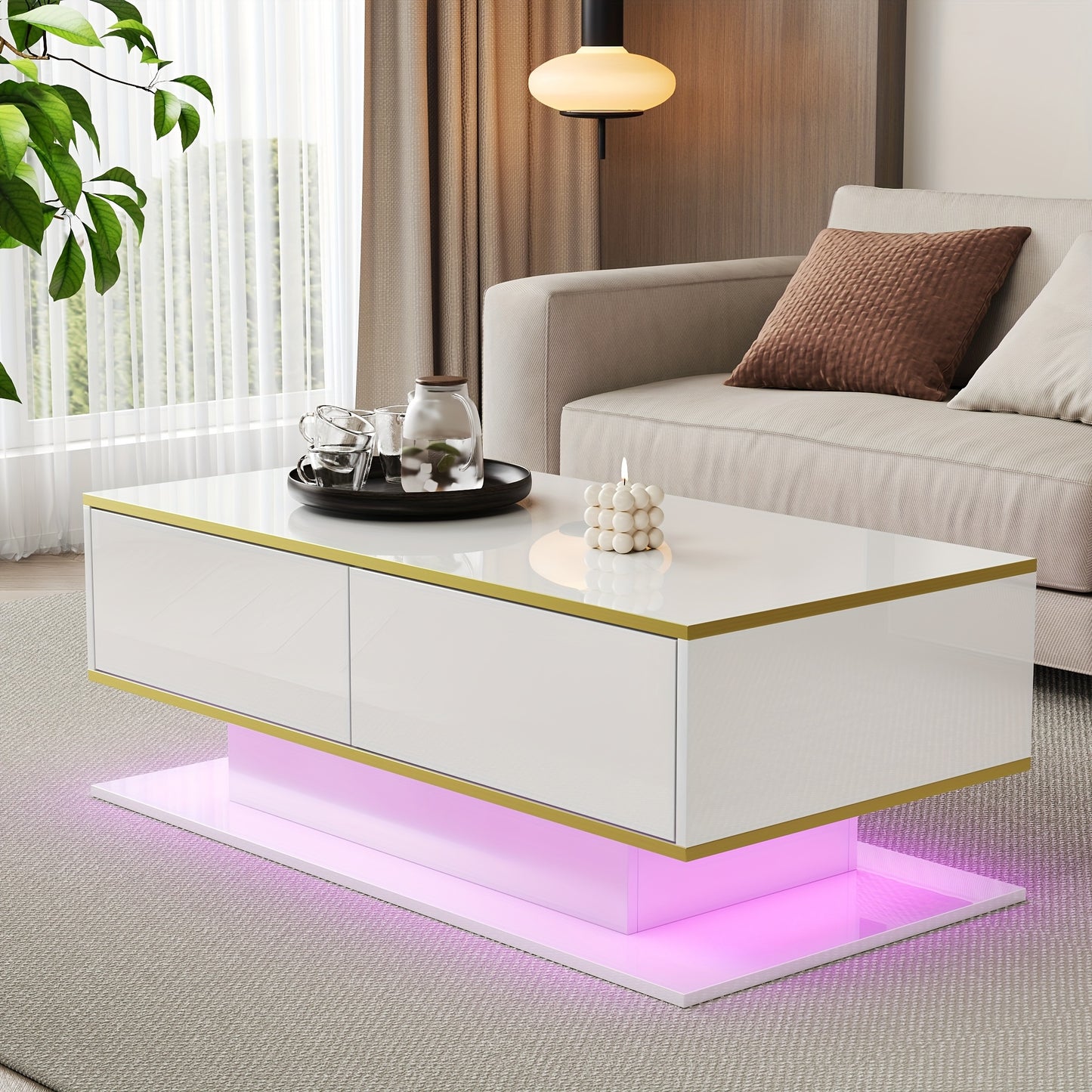 Salontafel – Woonkamertafel – Bijzettafel – Koffietafel – Tafeltje – Hoogglans Wit – Gouden Accenten – 3 Lades Met Open Vakken