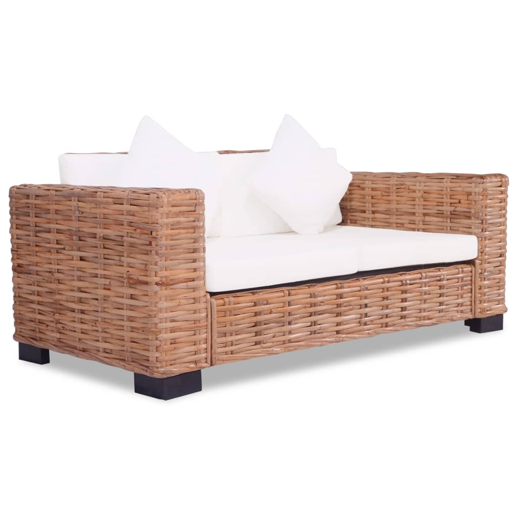 Rattan Loungebank Set – Loungeset – Buitenbank – Tuinbank – Bankstel – Tweezits + Driezits – Natuurlijk Rattan – Stevig Houten Frame – Comfortabele Wasbare Kussens