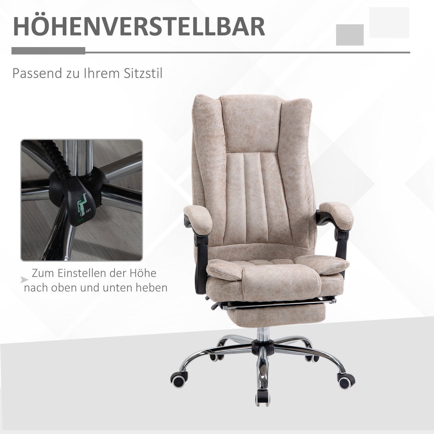 Bureaustoel – Draaistoel – Kantoorstoel – Office Chair – Gamestoel – Verstelbare Zithoogte – Inklapbare Voetensteun – Microfiber Bekleding – Plastic En Metalen Frame – Beige