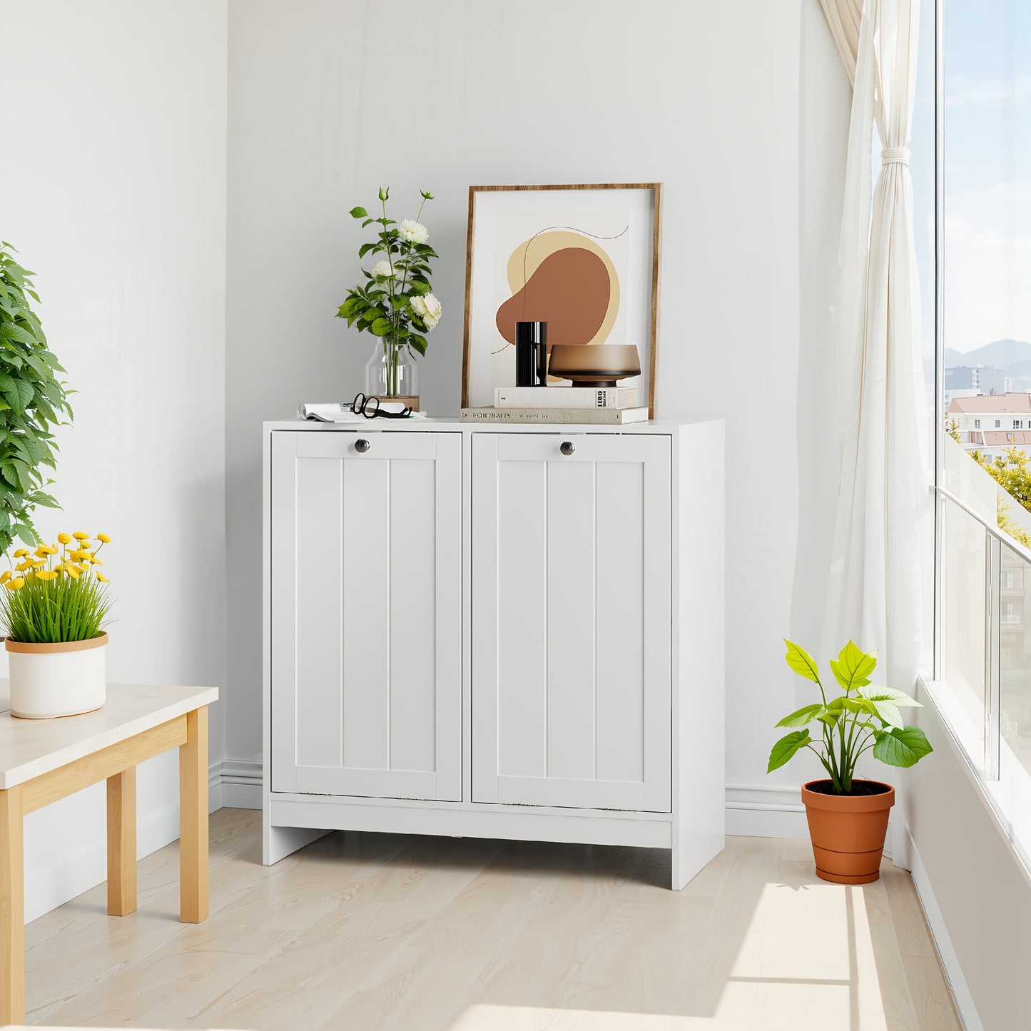 White Metal Storage Cabinet with Tilting Mechanism & Detachable Laundry Basket - Freestanding Entryway Shelf Unit Suitable for, Bedroom, Apartment - Easy Assembly, Space-Saving Modern Furniture (3.2 Cu Ft Closed Storage)