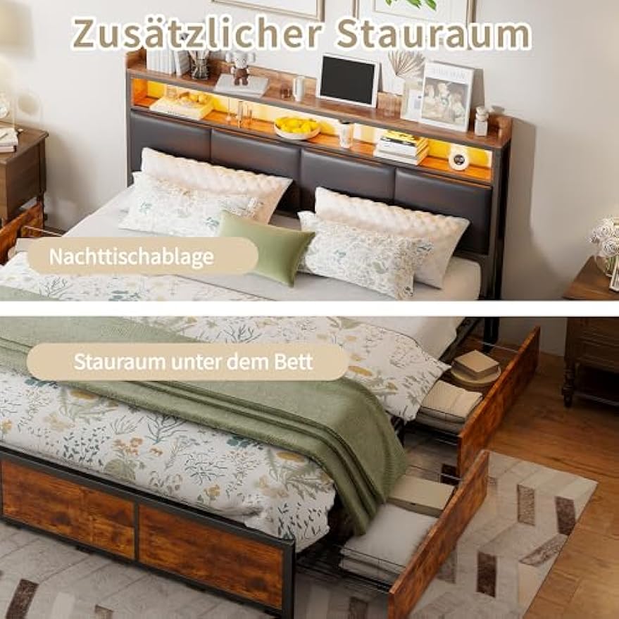 Tweepersoonsbed – Gestoffeerd Bed – Led Bed – Opberglade Bed – Zwart Bed – 180x200 cm – Ingebouwde LED-Verlichting – Vier Ruime Opberglades