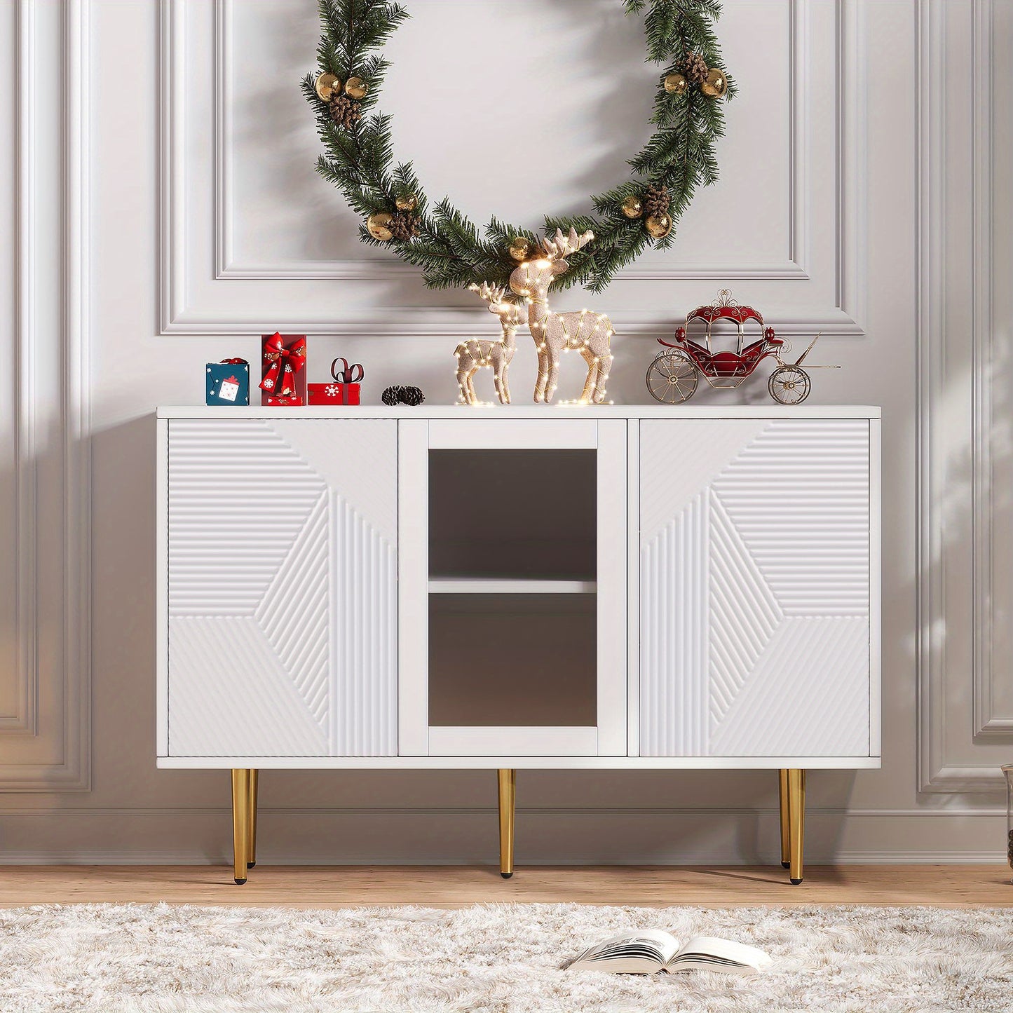 Dressoirkast – Opbergkast – Kast – Buffetkast – Wandkast – Wit – 120 cm – 3 Glazen Deuren Met Metalen Poten