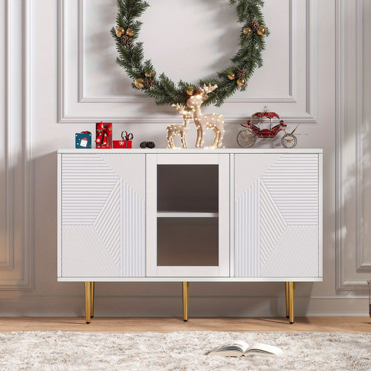Dressoirkast – Opbergkast – Kast – Buffetkast – Wandkast – Wit – 120 cm – 3 Glazen Deuren Met Metalen Poten