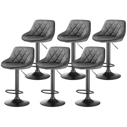 Velvet Bar Stools, Kitchen Bar Stools, Set of 6, Adjustable Height, 360-Degree Swivel, with Metal Footrest, Non-Slip Base