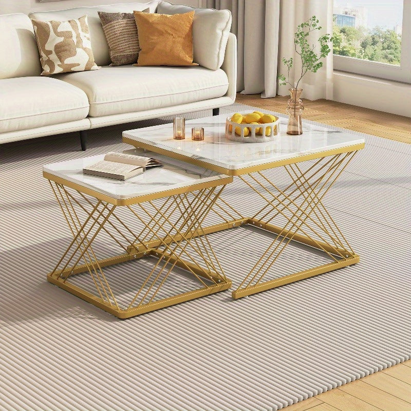 Koffietafel Set – Salontafel – Bijzettafel – Woonkamertafel – Moderne Tafel – Hoogglans Marmer Design – Verstelbare Pootjes 60x60x45cm & 45x45x40cm