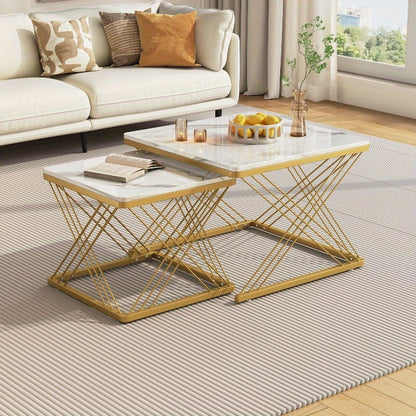 Koffietafel Set – Salontafel – Bijzettafel – Woonkamertafel – Moderne Tafel – Hoogglans Marmer Design – Verstelbare Pootjes 60x60x45cm & 45x45x40cm