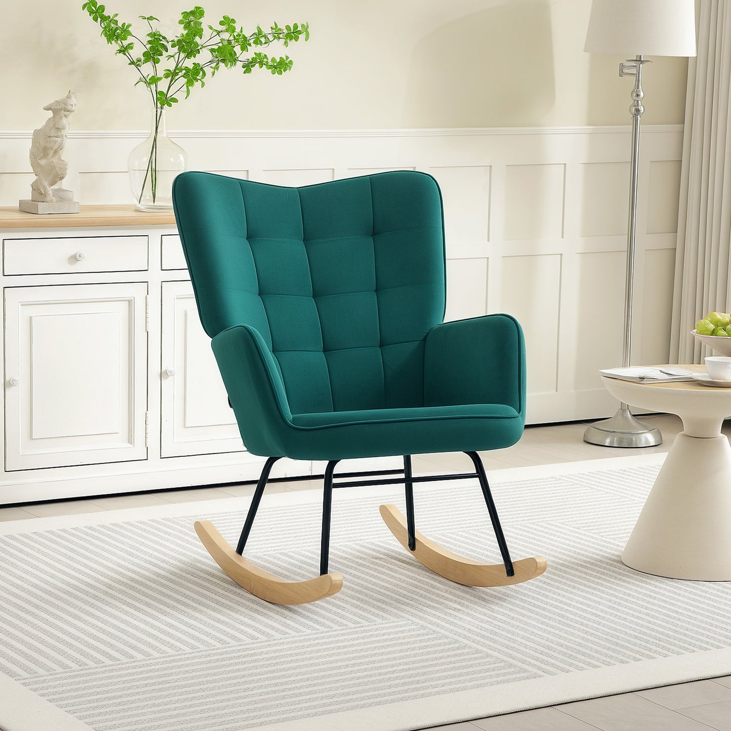 Schommelstoel – Relaxstoel – Wiegstoel – Nursing Chair – Velours Stoel – Donkergroen – Fluwelen Bekleding – Stevig Stalen Frame