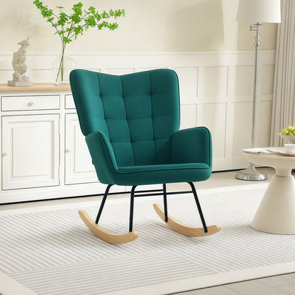 Schommelstoel – Relaxstoel – Wiegstoel – Nursing Chair – Velours Stoel – Donkergroen – Fluwelen Bekleding – Stevig Stalen Frame