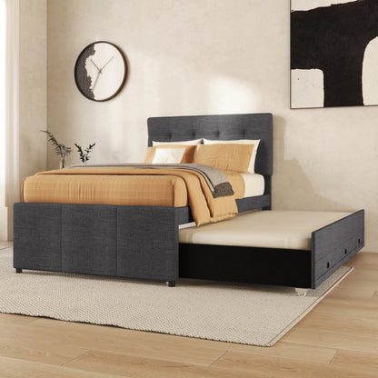 Bedombouw – Familiebed – Uitschuifbed – Opbergbed – Gestoffeerd Bed – 90x200 cm Slaapoppervlak – 3 Grote Lades – Verstelbaar Hoofdbord – Grijze Linnenstof