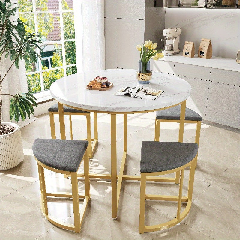 Eetkamertafel Set – Tafel Met Stoelen – Keukentafel Met Stoelen – Eetkamermeubel – Dining Set – Fluweel Beklede Stoelen – MDF Blad – Gouden Metalen Frame – Modern Design – Compact Voor Kleine Gezinnen