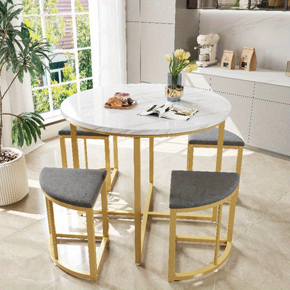 Eetkamertafel Set – Tafel Met Stoelen – Keukentafel Met Stoelen – Eetkamermeubel – Dining Set – Fluweel Beklede Stoelen – MDF Blad – Gouden Metalen Frame – Modern Design – Compact Voor Kleine Gezinnen