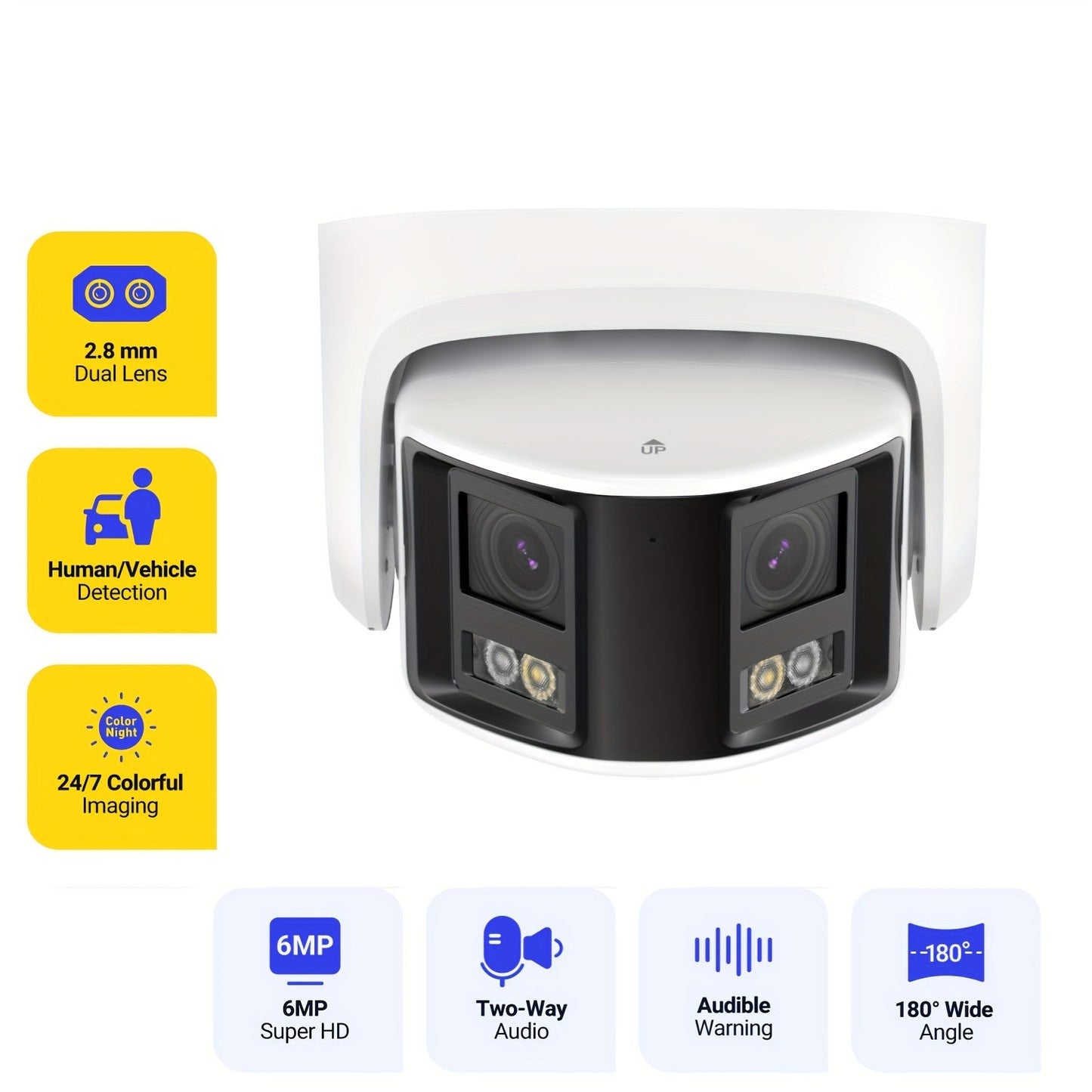 beveiligingscamera – bewakingscamera – buitencamera – ip-camera – draadloze camera – 6MP dual lens – 180° ultra brede kijkhoek – kleurennachtzicht en infrarood – tweezijdige audio – menselijke en voertuigdetectie – PoE voeding