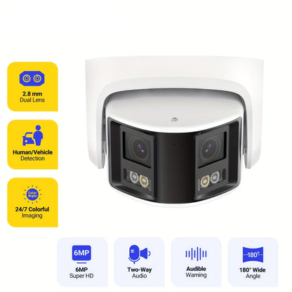 beveiligingscamera – bewakingscamera – buitencamera – ip-camera – draadloze camera – 6MP dual lens – 180° ultra brede kijkhoek – kleurennachtzicht en infrarood – tweezijdige audio – menselijke en voertuigdetectie – PoE voeding