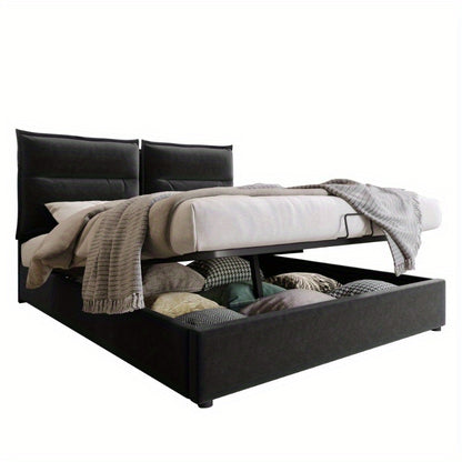 Hydraulisch Bed – Opbergbed – Platformbed – Stalen Bedframe – Verstelbaar Hoofdbord – Fluwelen Bekleding – Zwart Metalen Frame – Vooraf Gemonteerd – Groot Onderbed