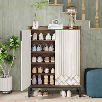 Schoenenkast – Schoenenrek – Schoenenopberger – Halkast – Schoenenkastje – 25 Paar Capaciteit – Compact Met Metalen Frame – Moderne Smalle Schoenenkast Met 2 Deuren – Wit Bruin