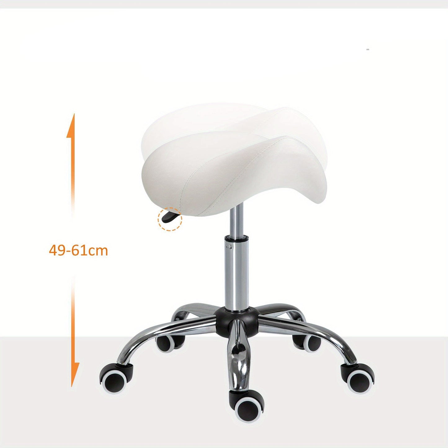 Draaibare Kruk – Zadelkruk – Bureaustoel – Verrijdbare Stoel – Werkkruk – Ergonomisch Zadel – Hoogte Verstelbaar – Witte Kunstleren Bekleding – 5 Zwenkwielen – Chroom Frame
