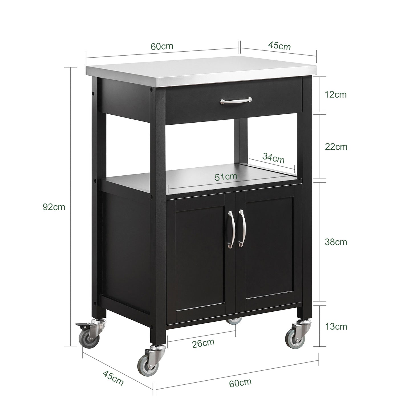 Keukentrolley – Keukenkast – Serveerwagen – Keukenwagen – Opbergkast – Compact – Rubberwood Werkblad 60x92x45 cm – Mobiel Met Wieltjes