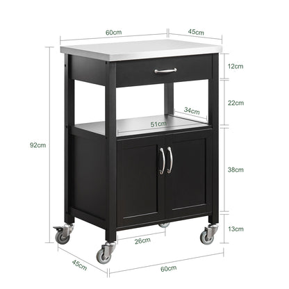 Keukentrolley – Keukenwagen – Serveerwagen – Opbergtrolley – Mobiele Keukenkast – Compact 60x92x45 cm – Rubberwood Werkblad – 4 Wielen met Rem
