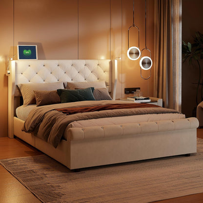 Opbergbed – Tweepersoonsbed – Bed met Opbergruimte – Velours Bed – Slaapbed – 160x200 cm – Hydraulische Opbergruimte – Ingebouwde LED Leeslamp en USB Poort