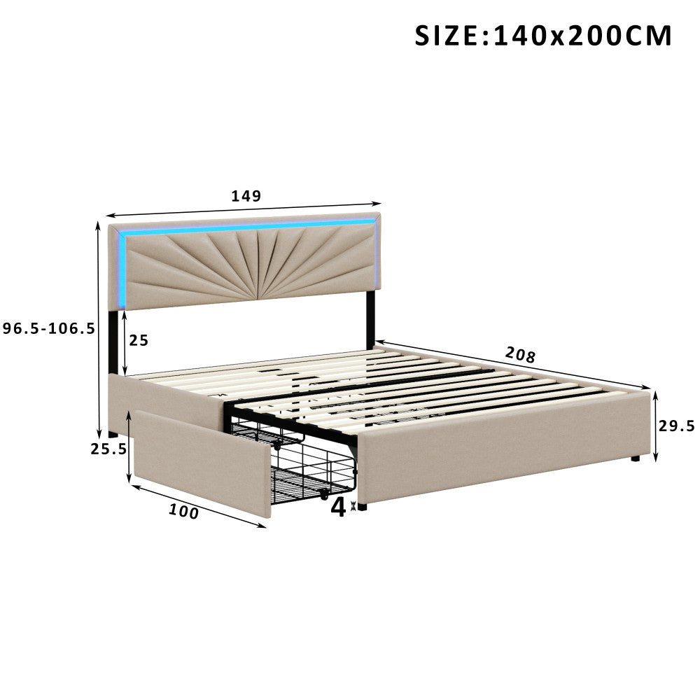 Tweepersoonsbed – Bed met Opberglades – Gestoffeerd Bed – LED Verlichting Bed – 160x200 cm – Beige – 4 Ruime Lades – Robuust Metalen Frame