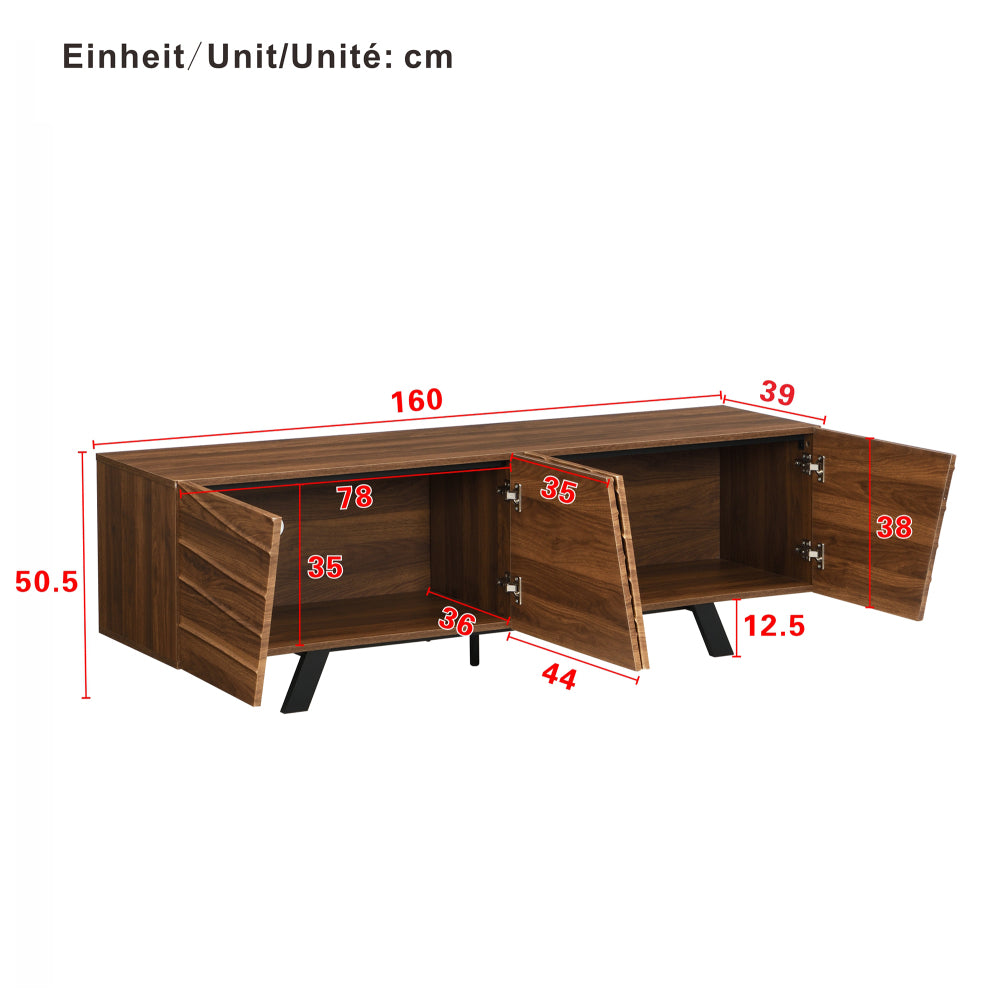 Modern Wave-Front TV Stand with Walnut-Grain Cabinet & Black Wrought-Iron Legs - Metal Entertainment Center with Cable Management, Shelving & Ample Storage Suitable for, Entryway (160×39×50.5cm)