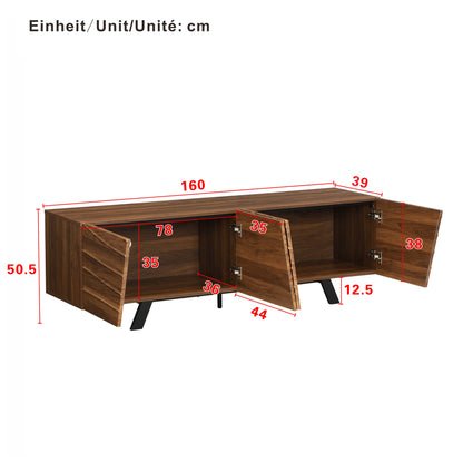 Modern Wave-Front TV Stand with Walnut-Grain Cabinet & Black Wrought-Iron Legs - Metal Entertainment Center with Cable Management, Shelving & Ample Storage Suitable for, Entryway (160×39×50.5cm)