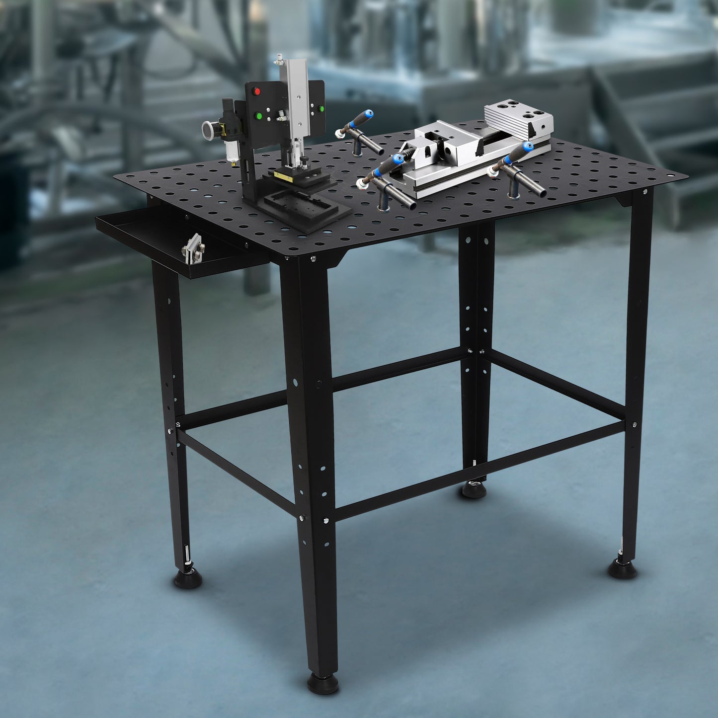 Werkbank Lassen – Werktafel – Montagebank – Lasklemtafel – Werkruimte – Verstelbare Hoogte – Draagvermogen 598,74 kg – Dubbele Opbergplank – Stalen Frame – Compact 91x61 cm – Zwart