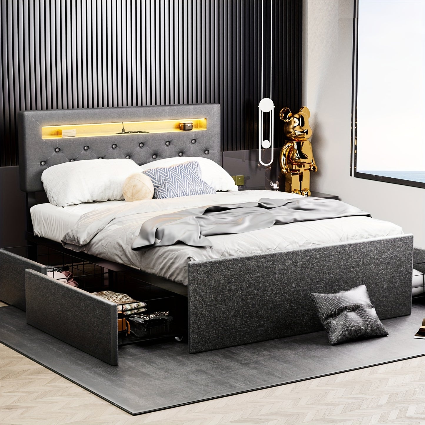 Bedframe – Bed – Ledikant – Slaapbed – Opbergbed – Modern Design – 4 Ruime Opberglades – Stofbekleding Grijs Linnen