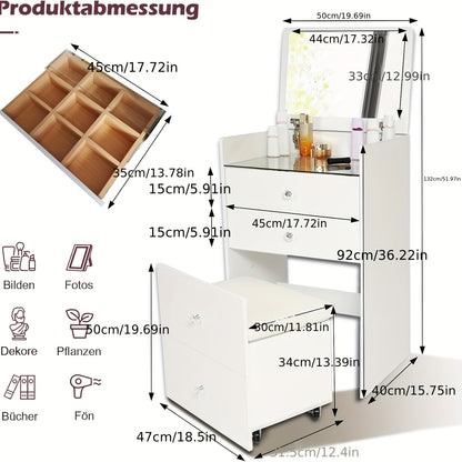 Three-in-one Corner Vanity Unit with 90° Folding Mirror, Glass Worktop, Storage-integrated Padded Stool, Side Hooks for Hanging Cosmetics, Premium Materials And Straightforward Assembly, White Finish, Space-saving Design., B