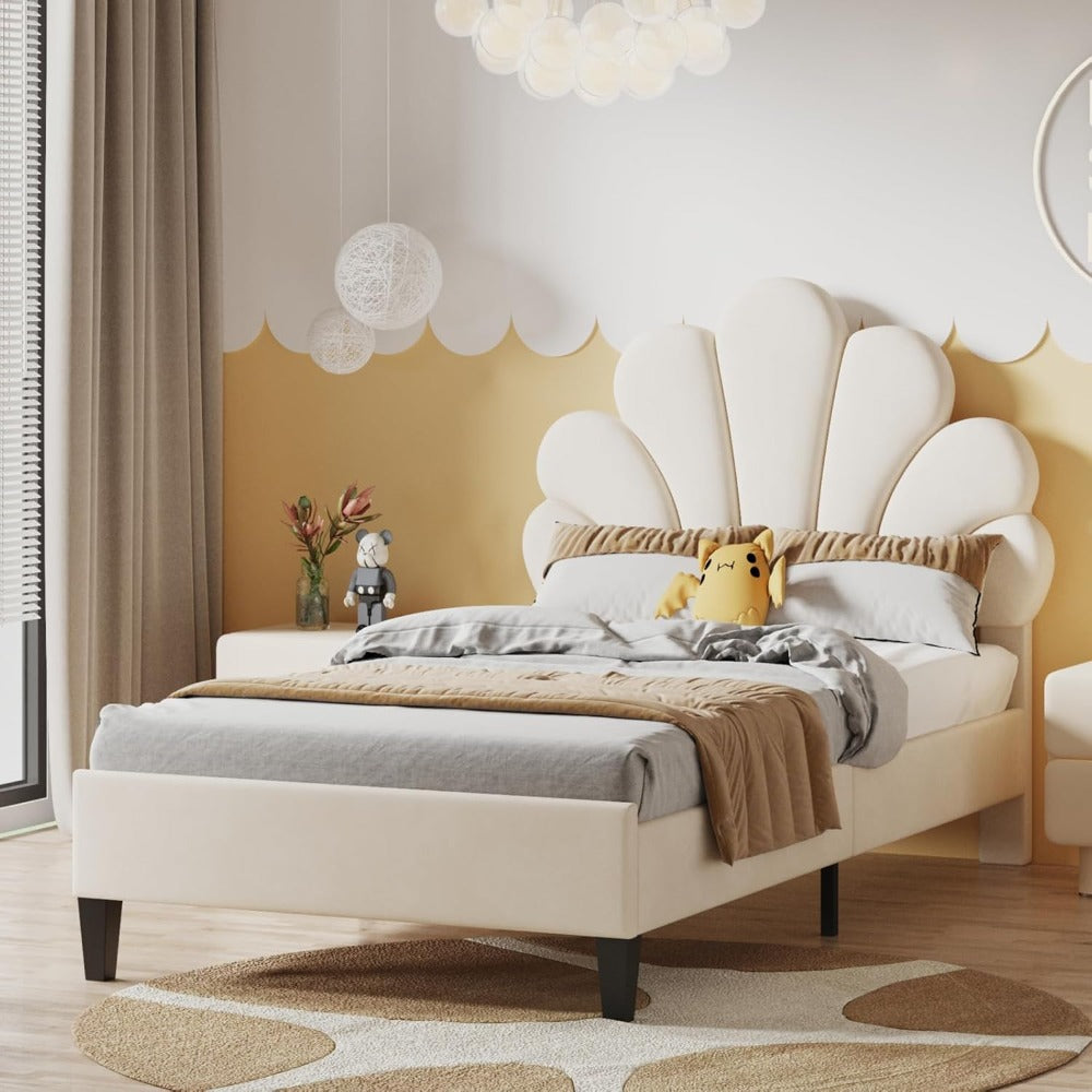 Eenpersoonsbed – Tienerbed – Slaapbank – Bedframe – Beddensysteem – Fluwelen Bloemen Hoofdbord – 90x200 cm – Stevig Houten Frame – Comfortabel Warm – Beige/Pink