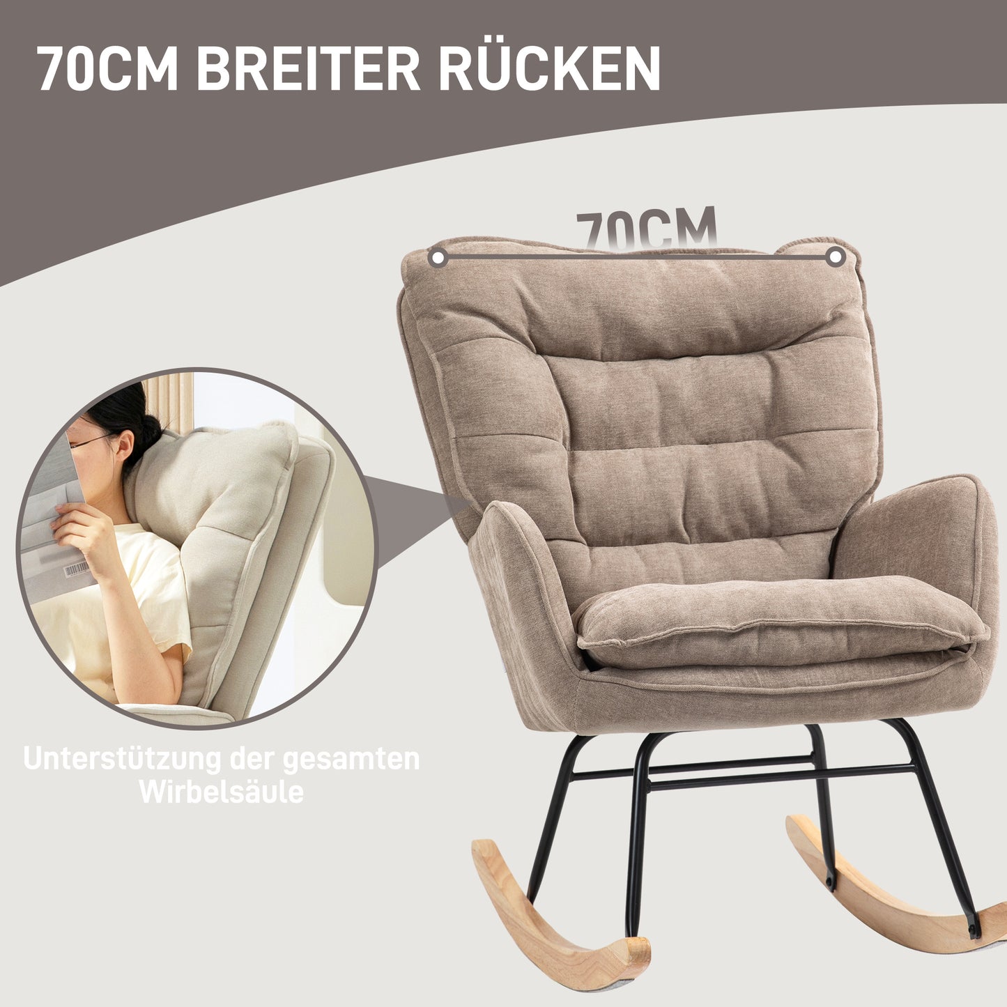 Schommelstoel – Schommelstoel Met Houten Runners – Relaxstoel – Wiegstoel – Zitstoel – Brede Zitting 53 Cm – Hoge Rugleuning 70 Cm – Beukenhouten Frame – Geschikt Tot 120 Kg – Bruin Chenille
