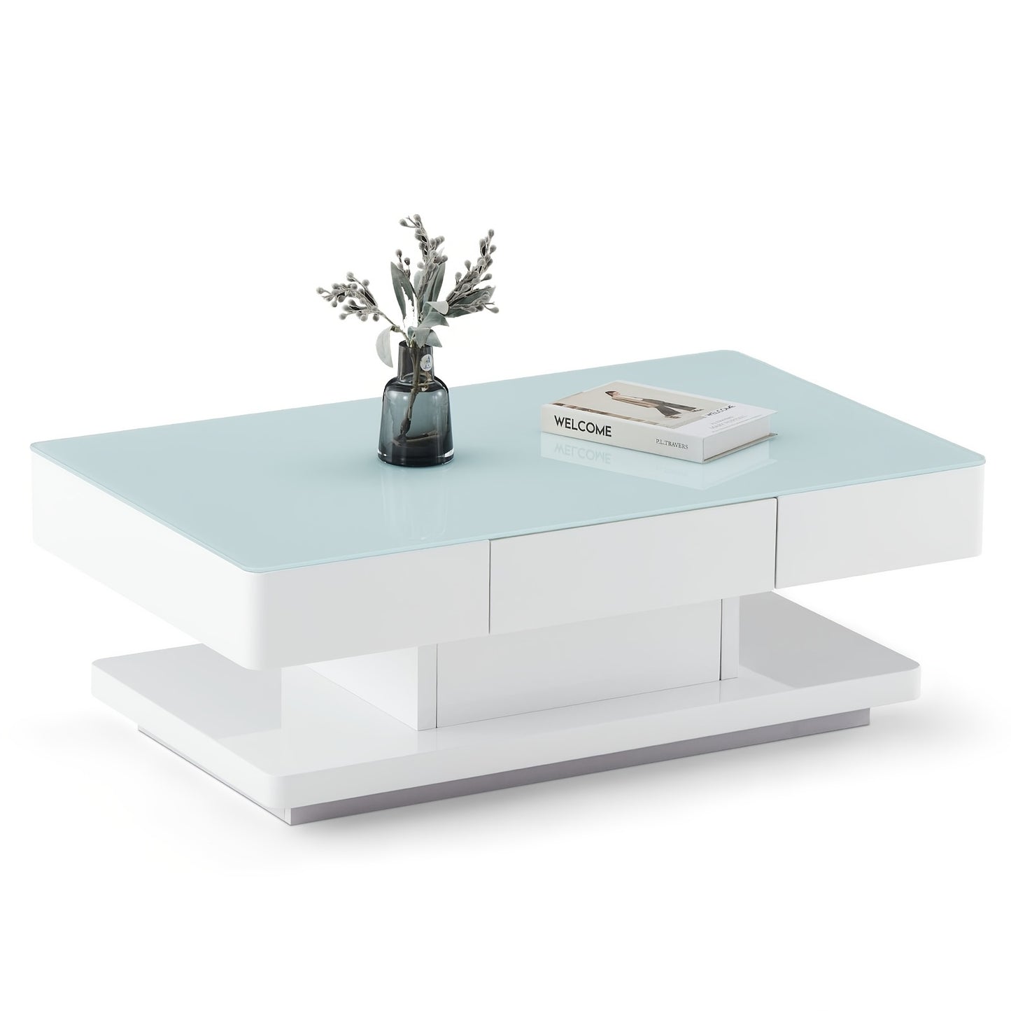 Salontafel – Koffietafel – Tafel – Woonkamertafel – Bijzettafel – Hoogglans Wit – 8 mm Gehard Glas – 2 Opberglades