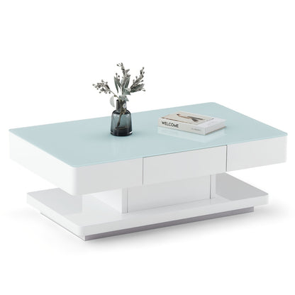 Salontafel – Koffietafel – Tafel – Woonkamertafel – Bijzettafel – Hoogglans Wit – 8 mm Gehard Glas – 2 Opberglades
