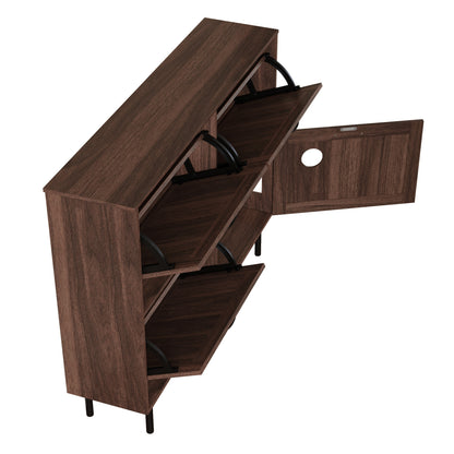 Schoenenkastje – Schoenenmeubel – Schoenenrek – Schoenenopberger – Schoenenkast – Smal Design – Notenhout Look – 3 Kantelbare Compartimenten – Met Metalen Poten – 120 cm Breed