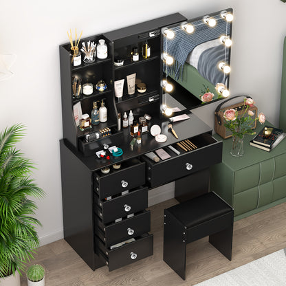 Make-up Tafel – Kaptafel – Schminktafel – Make-up Bureau – Make-up Organizer – Zwart – 6 Lades & Opbergruimte – Instelbare LED Verlichting met 3 Lichtkleuren