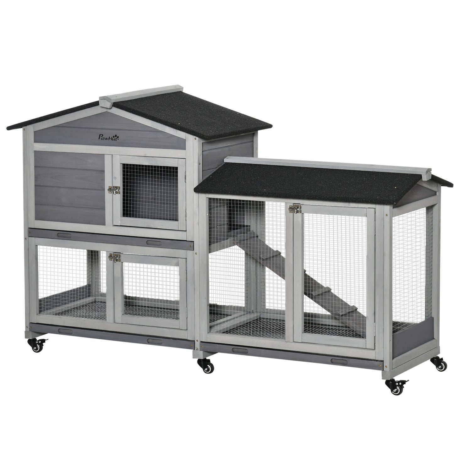 Konijnenhok – Konijnenren – Knaagdierenhok – Dierenverblijf – Houten Kooi – Met Wieltjes – 2 Verdiepingen – 3 Schuifladen – 157,4x53x99,5 cm – Grijs