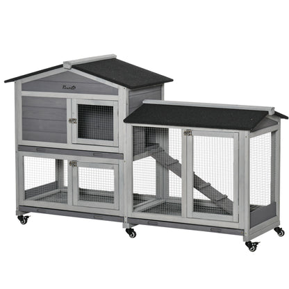 Konijnenhok – Konijnenren – Knaagdierenhok – Dierenverblijf – Houten Kooi – Met Wieltjes – 2 Verdiepingen – 3 Schuifladen – 157,4x53x99,5 cm – Grijs