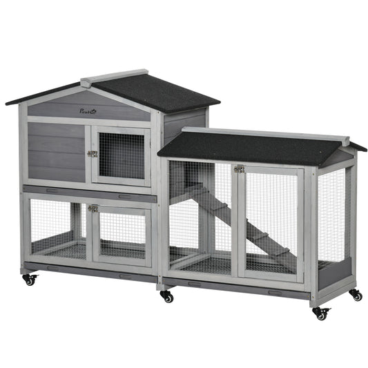 Konijnenhok – Konijnenren – Knaagdierenhok – Dierenverblijf – Houten Kooi – Met Wieltjes – 2 Verdiepingen – 3 Schuifladen – 157,4x53x99,5 cm – Grijs