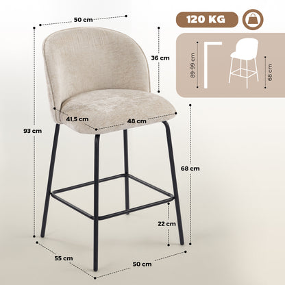 2-Piece Set of Bar Stools with Backrest and Footrest, Upholstered Chairs with Steel Legs for Kitchen Island, Dining Room, Beige