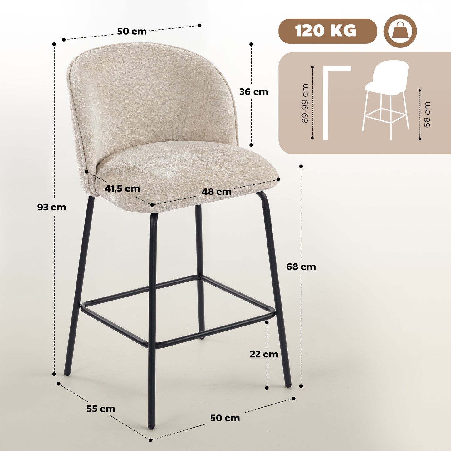 Barkrukken – Barstoelen – Barkruk Set – Keukenkrukken – Hoge Stoelen – Beige – Comfortabele Rugleuning – Stevige Stalen Poten