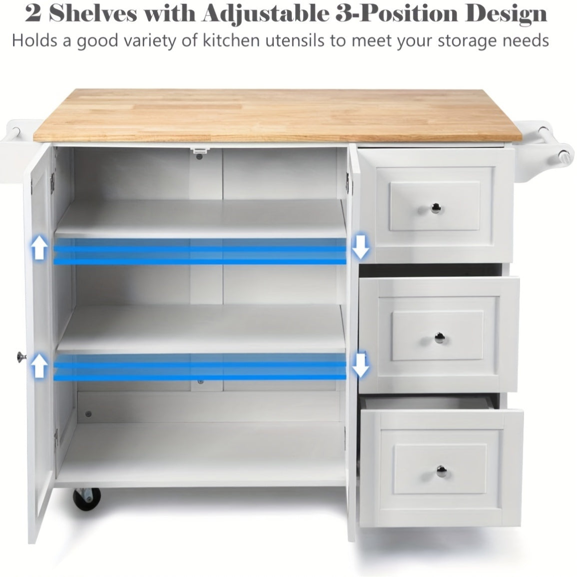 Rollende Keukenwagen – Keukentrolley – Keukenserverwagen – Keukeneiland – Opbergkast – Inclusief Handdoekhouder – Inklapbaar Werkblad – MDF en Rubberwood – Wit – 135x76x91 cm
