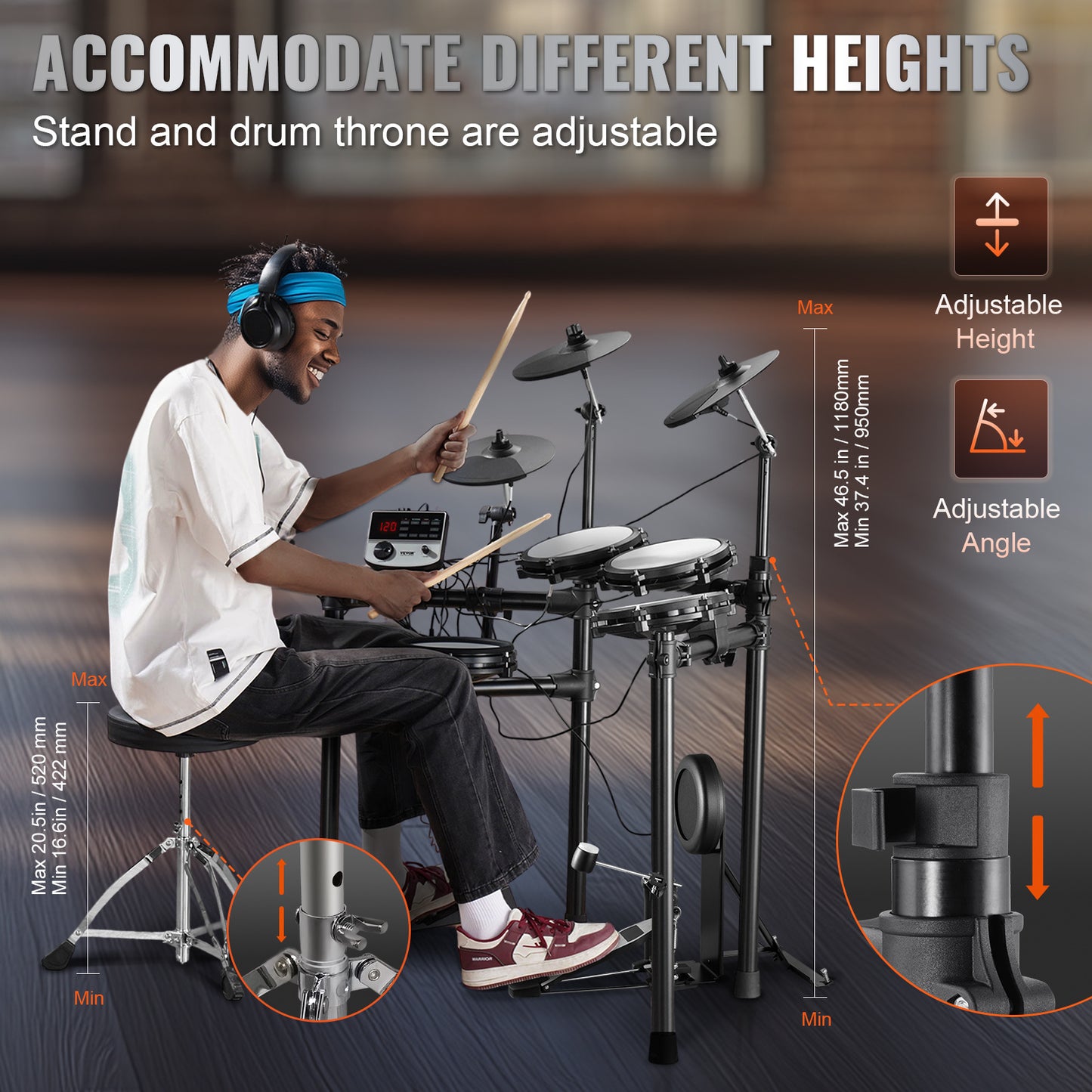 Elektronische Drumstel – Elektrisch Drumstel – Elektronisch Drumset – Digitale Drumkit – E-Drum – 480 Geluiden – 32 Drumkits – Verstelbare Drumkruk – Dual-Trigger Snaredrum