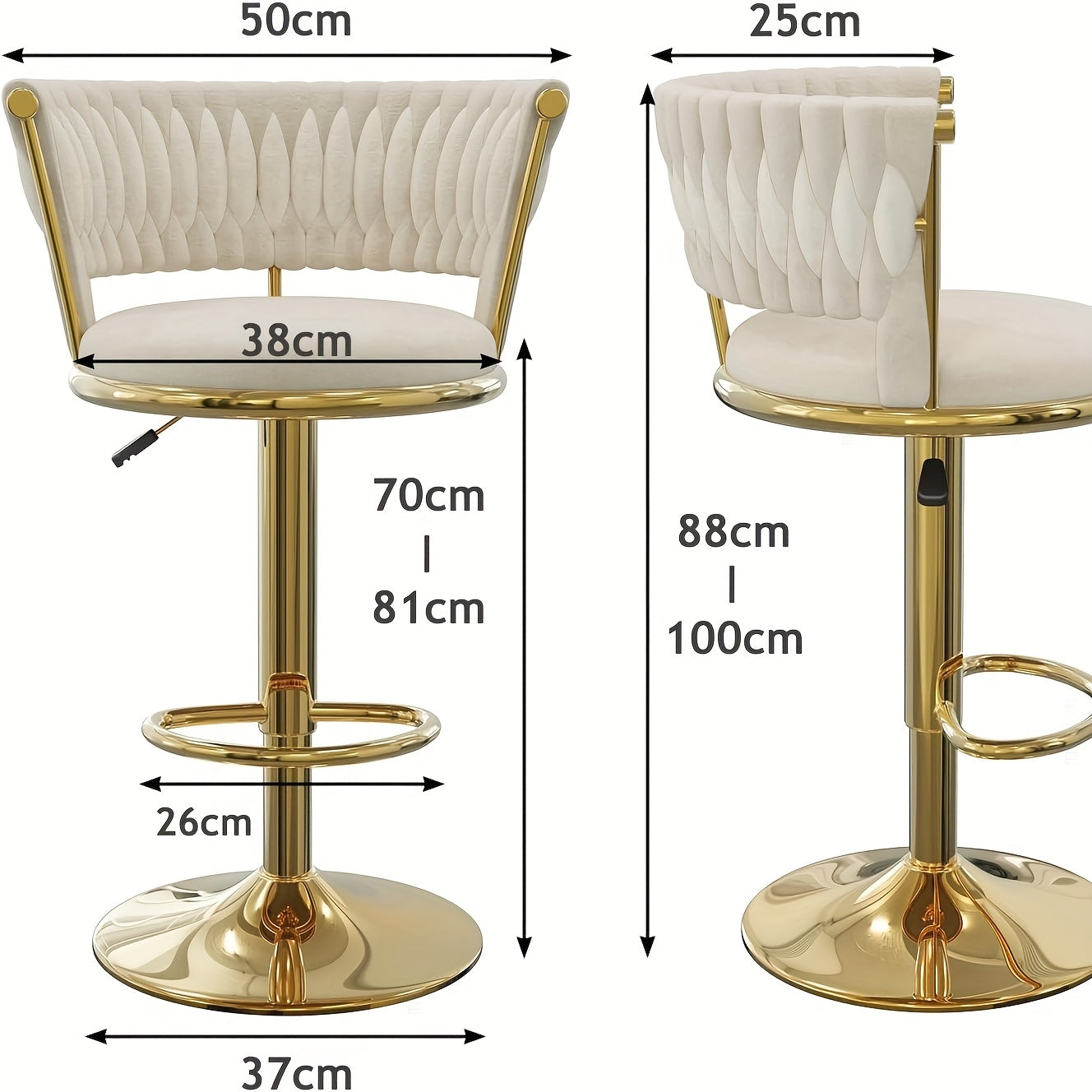 Luxe Royal-Style Barkruk – Verstelbare Hoogte, Draaibaar – Fluwelen Zitting met Gouden Poten, Stevige Ronde Kruk voor Keuken, Home Bar of Café – Elegant Design in Goud & Wit