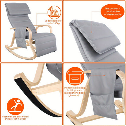 Schommelstoel – Relaxstoel – Fauteuil – Loungestoel – Tuinstoel – Verstelbare Rugleuning – Berkenhout 150 kg Draagkracht – Inclusief Voetsteun 86x65x100 cm - Grijs