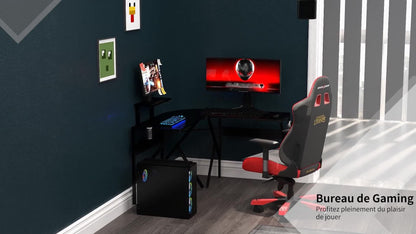 Hoekgamingbureau – Gamingbureau – Computerbureau – Werkbureau – Bureau hoekmodel – Carbon fiber textuur – Verstelbare schermplank – Metalen frame zwart