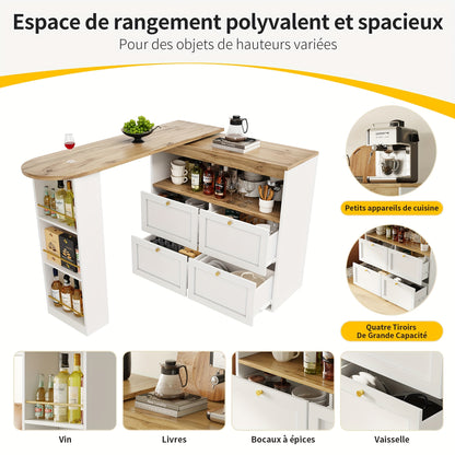 Barkast – Drankkast – Wijnkast – Buffetkast – Barkast Op Wieltjes – 360° Draaibaar – 4 Lades + Open Planken – Wit – 105x39x102 cm